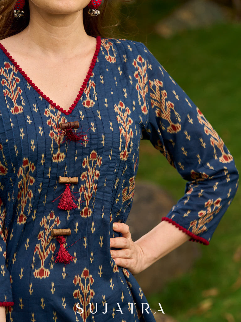 Contemporary Blue Ajrakh Print Kurta with Pleated Pintuck Detailing and Maroon Accents