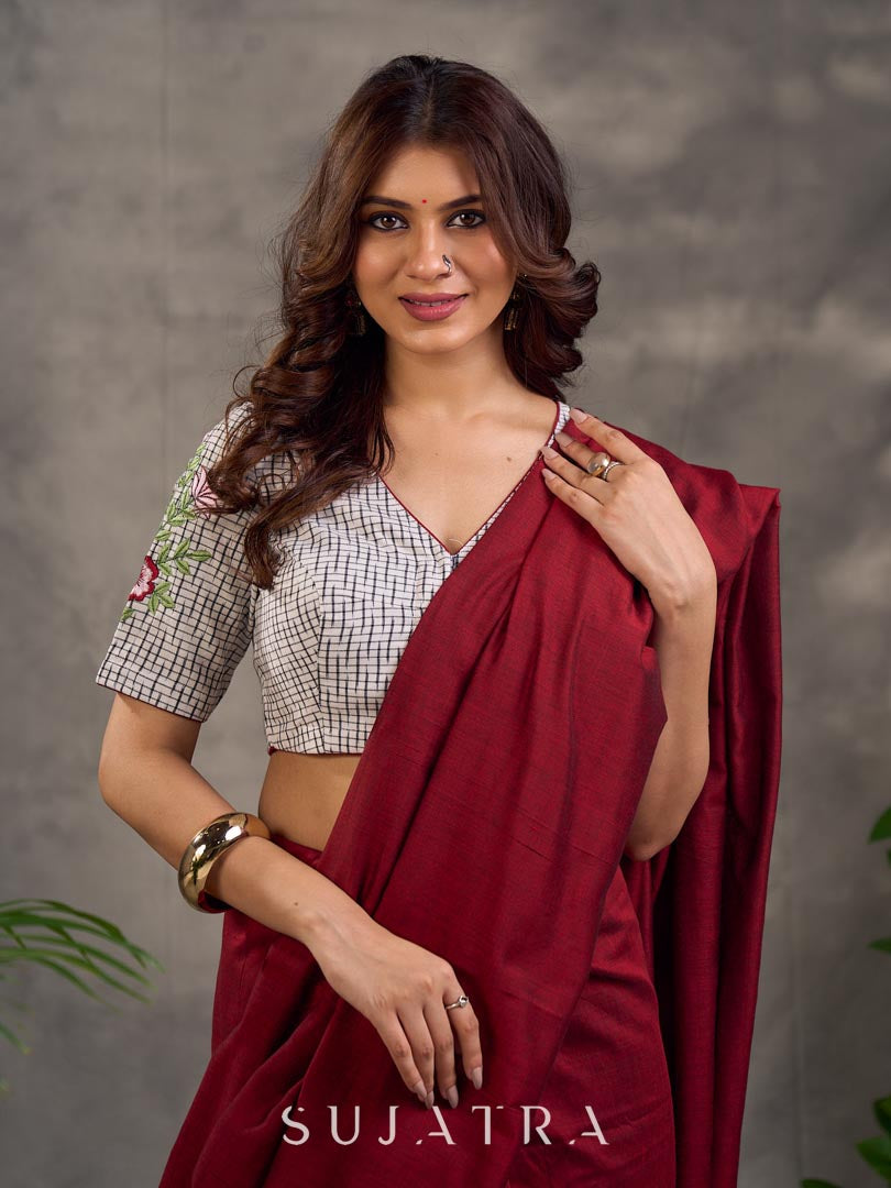 Off White Check Print Ikat Cotton Blouse with Embroidered Floral Sleeves