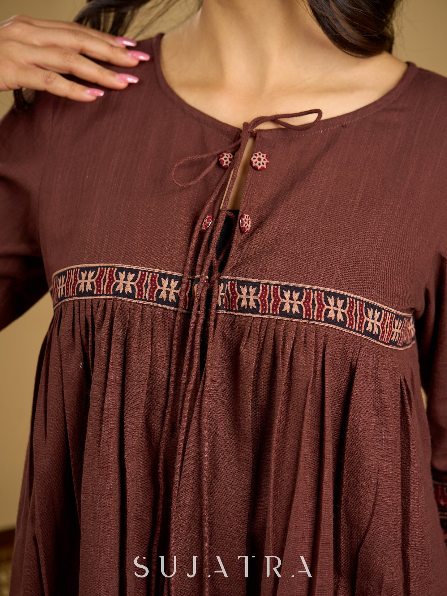 Beautiful  brown cotton ajrakh combination top