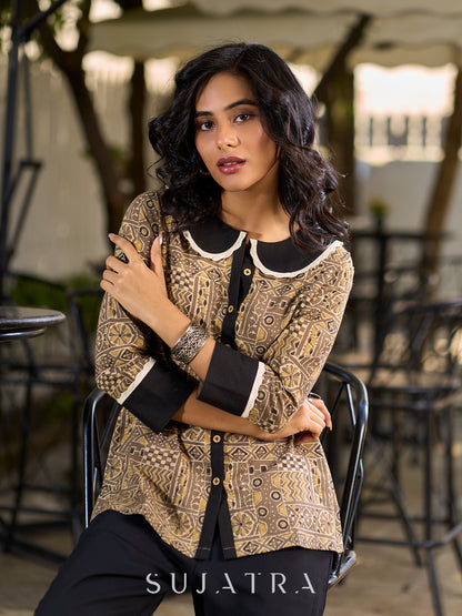 Earth Brown Ajrakh Cotton Shirt Featuring Statement Contrast Collar