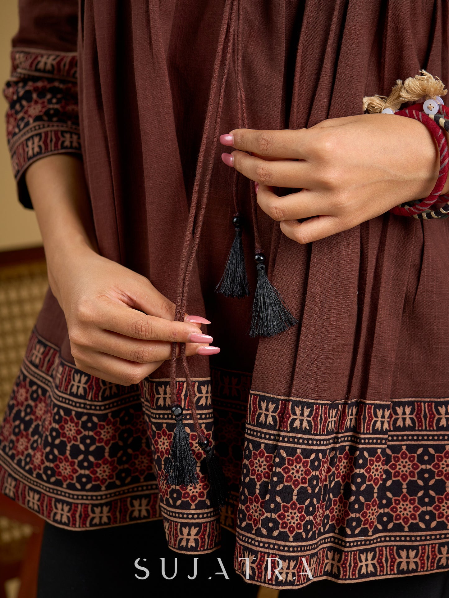 Beautiful  brown cotton ajrakh combination top
