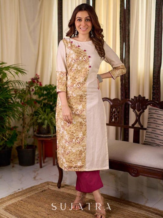 Refined Off White Cotton Straight Kurta with Floral Printed Panel and Button Embellishment