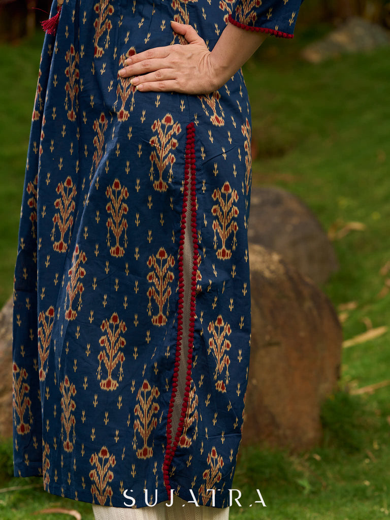 Contemporary Blue Ajrakh Print Kurta with Pleated Pintuck Detailing and Maroon Accents