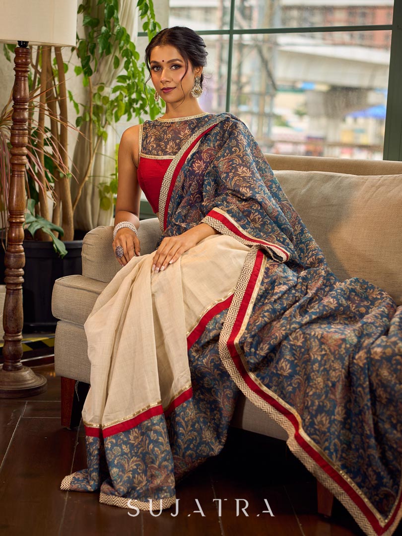 Flourishing Ivory Kalamkari Floral Chanderi Saree with Red Zari-Trimmed Hem & Chevron Border Accent