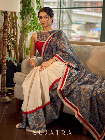 Flourishing Ivory Kalamkari Floral Chanderi Saree with Red Zari-Trimmed Hem & Chevron Border Accent