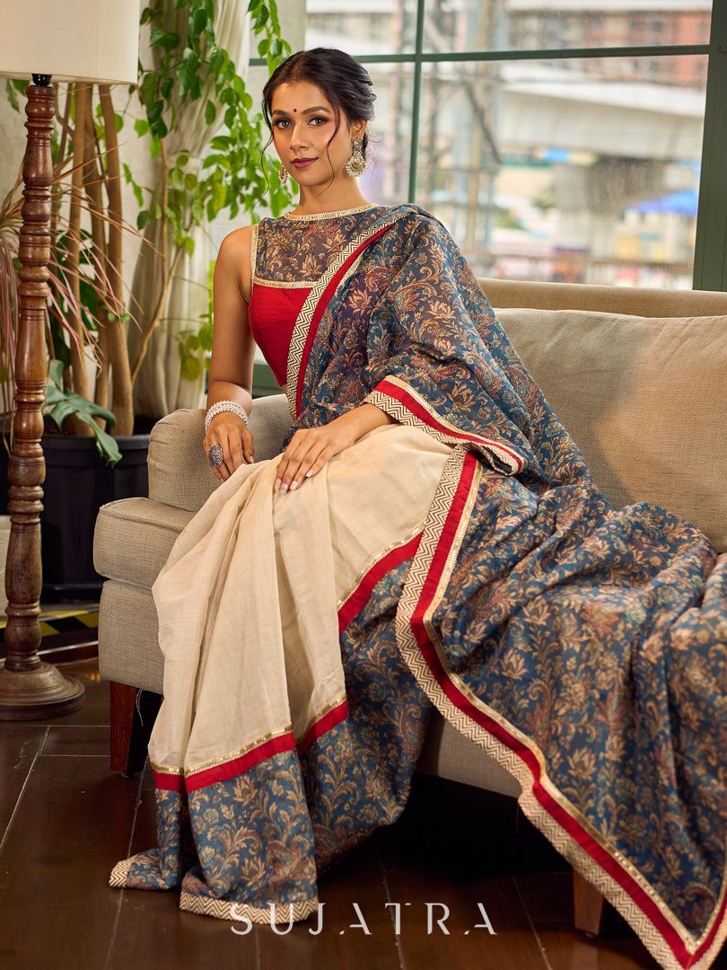 Flourishing Ivory Kalamkari Floral Chanderi Saree with Red Zari-Trimmed Hem & Chevron Border Accent