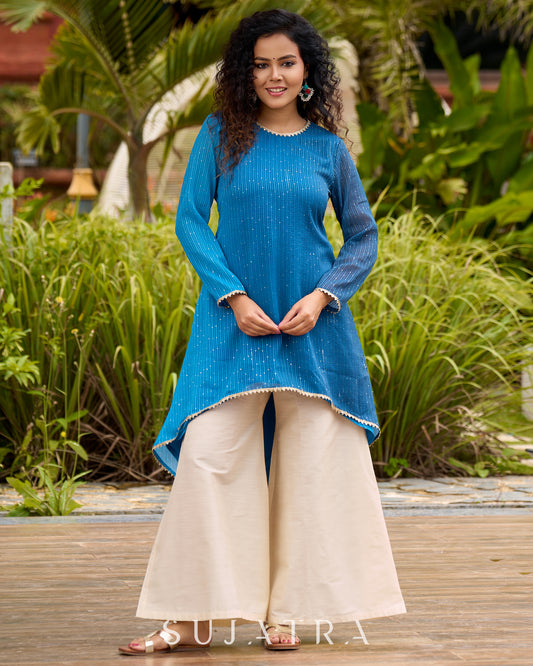Elegant Blue Ombre Embroidered High-Low Statement Short Kurta - Flared Pants Additional