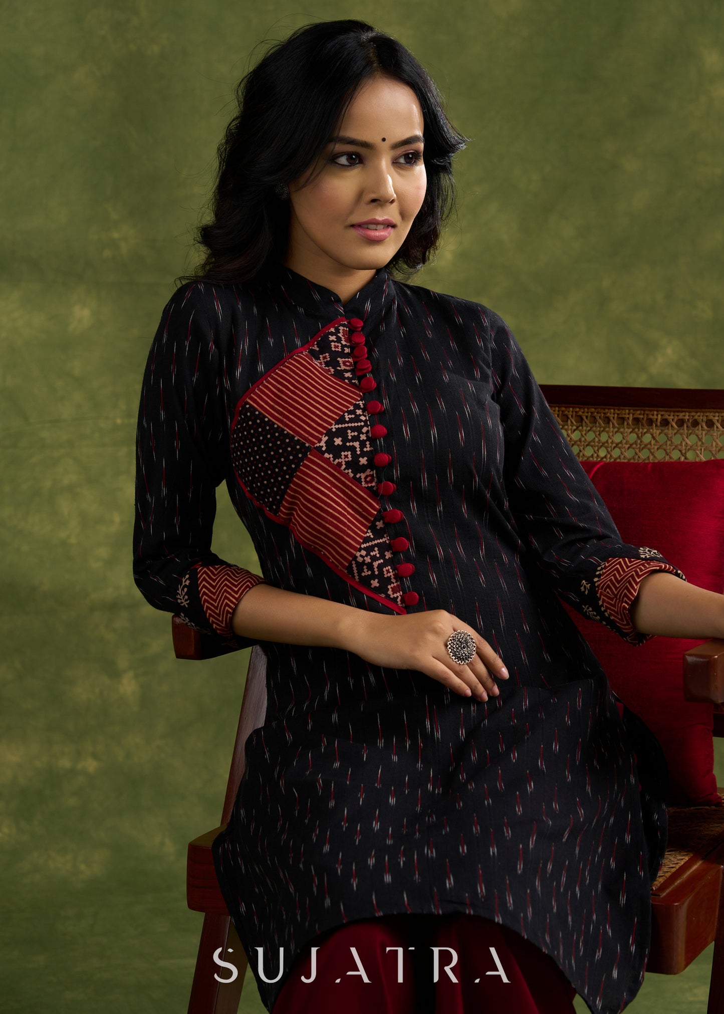Smart Cotton Ikat Patch Work Kurta - Pant Optional