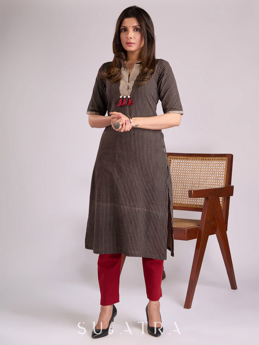 Chic Black & Ecru Striped Cotton Ajrakh Kurta with Elegant Tassel Detailing