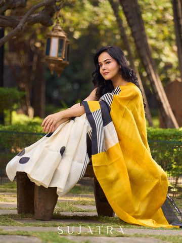 Modern Geometric Pure Silk Block Printed Saree Crafted in Striking Mustard and Classic Ivory Tones