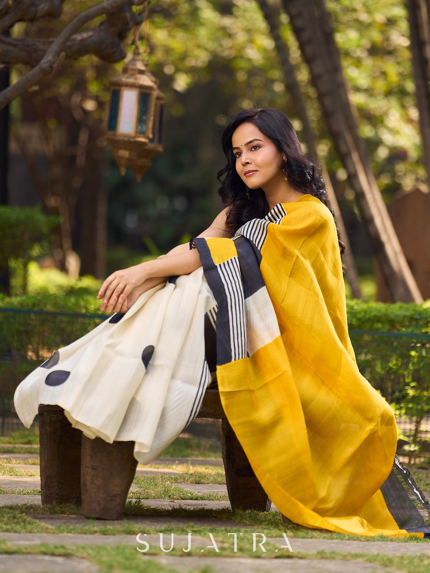 Elegant Geometric Printed Saree Crafted in Striking Mustard & Ivory Tones