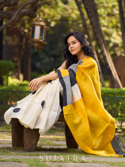 Elegant Geometric Printed Saree Crafted in Striking Mustard & Ivory Tones