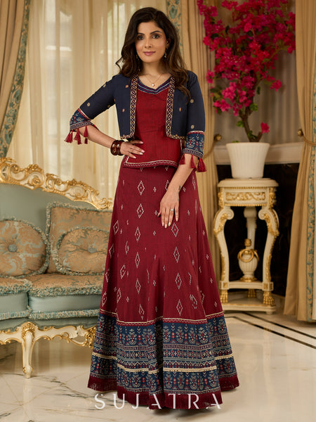 Maroon rich Jamdani Lehenga and Choli - Beautiful navy blue embroidered shrug Optional