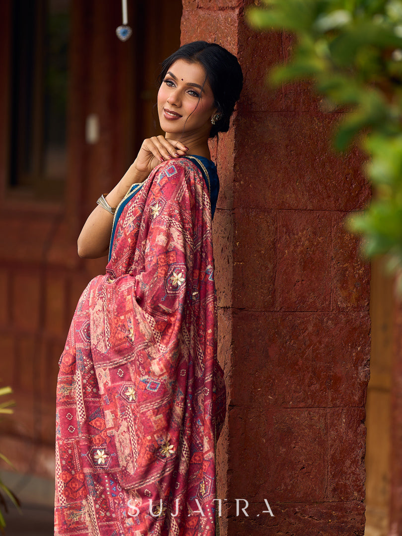 Elegant Navy Blue & Rust Half-and-Half Georgette Saree with Gotapatti Hand Embroidered Pallu