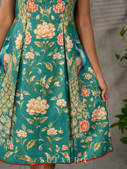 Green peacock motif printed dress with straight neckline and orange accents