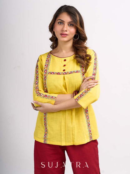Sunshine Yellow Cotton Contemporary Top with Handcrafted Madhubani Border Highlights