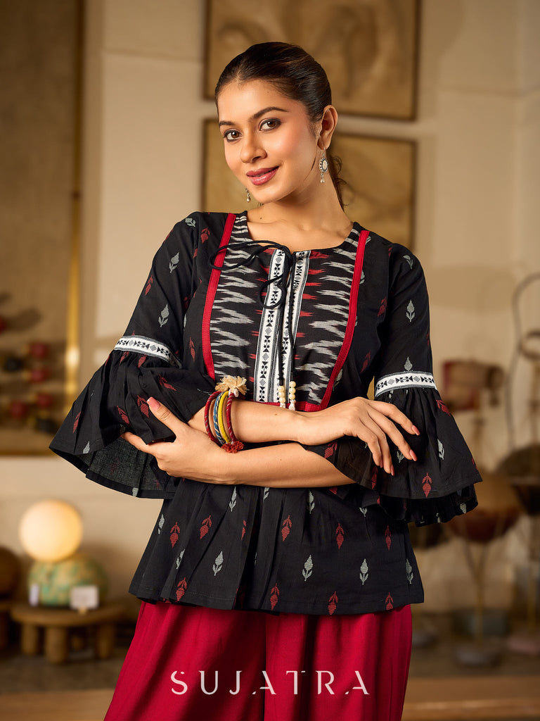 Contemporary Black Printed Cotton Top with Ikat Yoke and Flared Sleeves featuring Ikat Borders