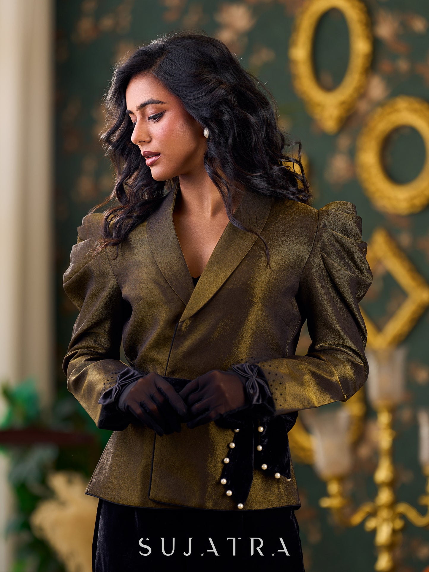 Graceful Black Tissue Shimmer Jacket with Dramatic Puffy Sleeves and Embellished Velvet Waist Belt