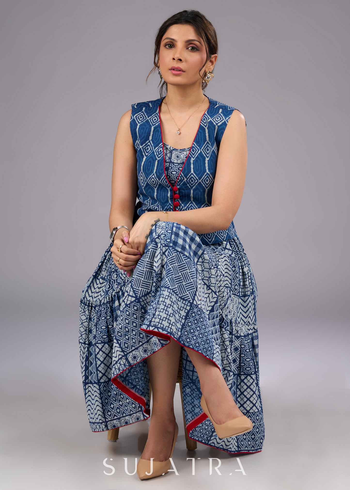 Celeste Blue V-Neck Cotton Sleeveless indigo Jacket - Dress optional