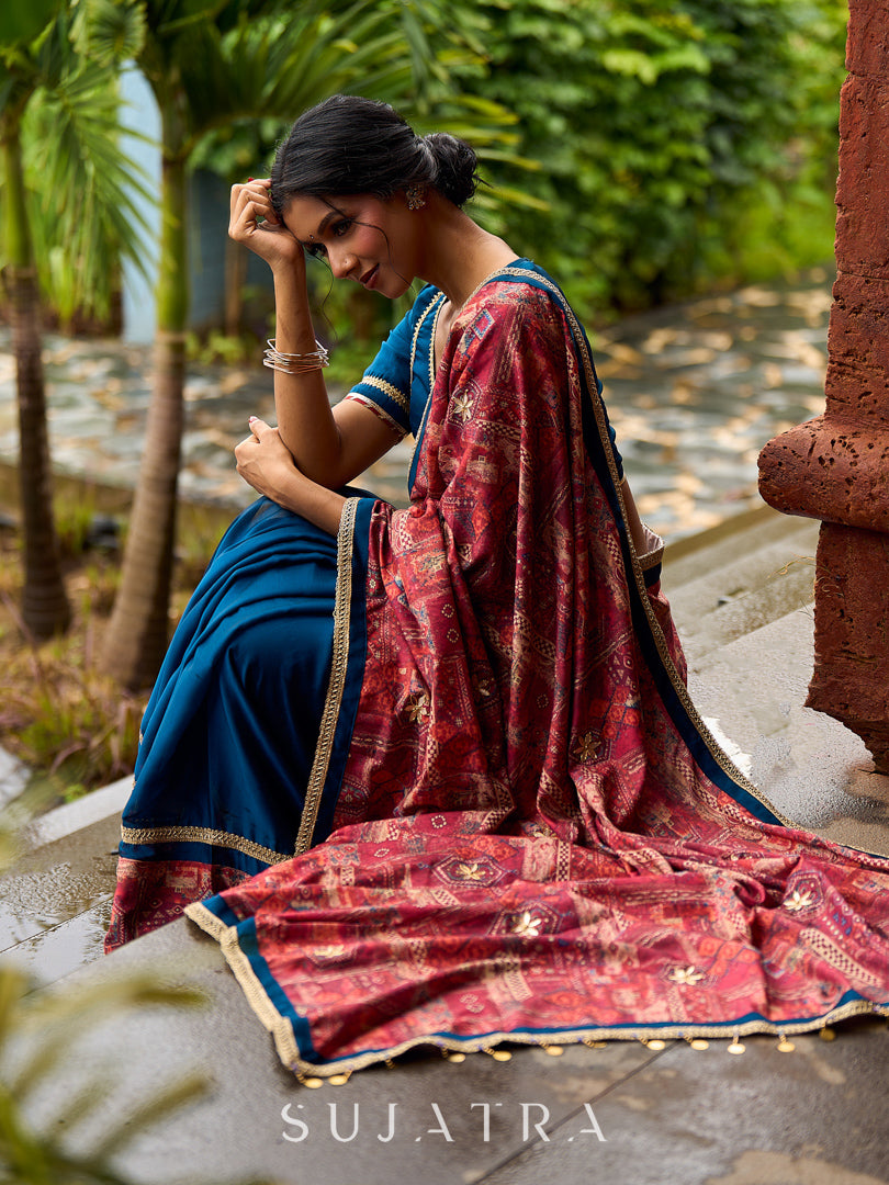 Elegant Navy Blue & Rust Half-and-Half Georgette Saree with Gotapatti Hand Embroidered Pallu