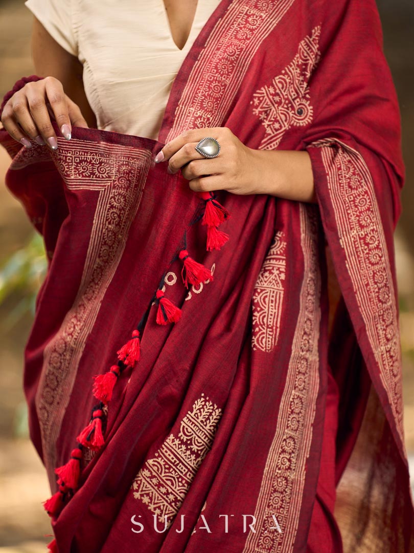 Chic Maroon Cotton Saree with Modern Abstract Hand Block Print