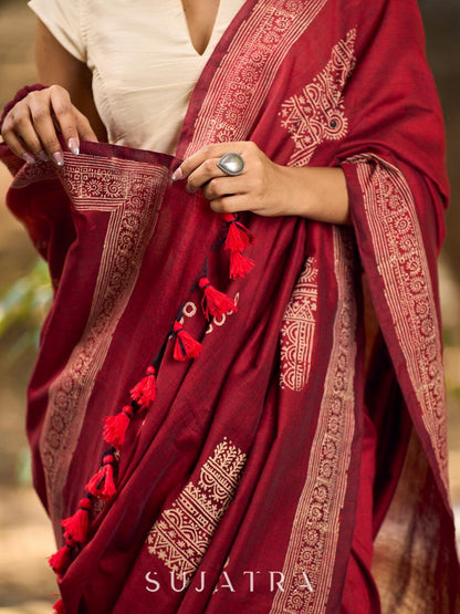 Chic Maroon Cotton Saree with Modern Abstract Hand Block Print