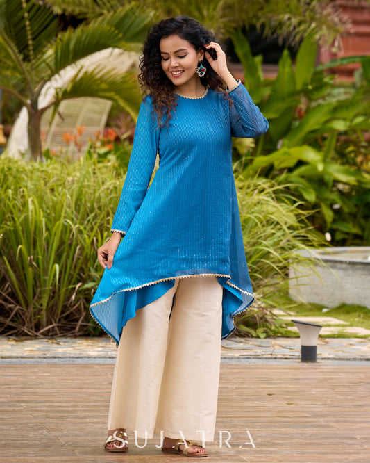 Elegant Blue Ombre Embroidered High-Low Statement Short Kurta - Flared Pants Additional