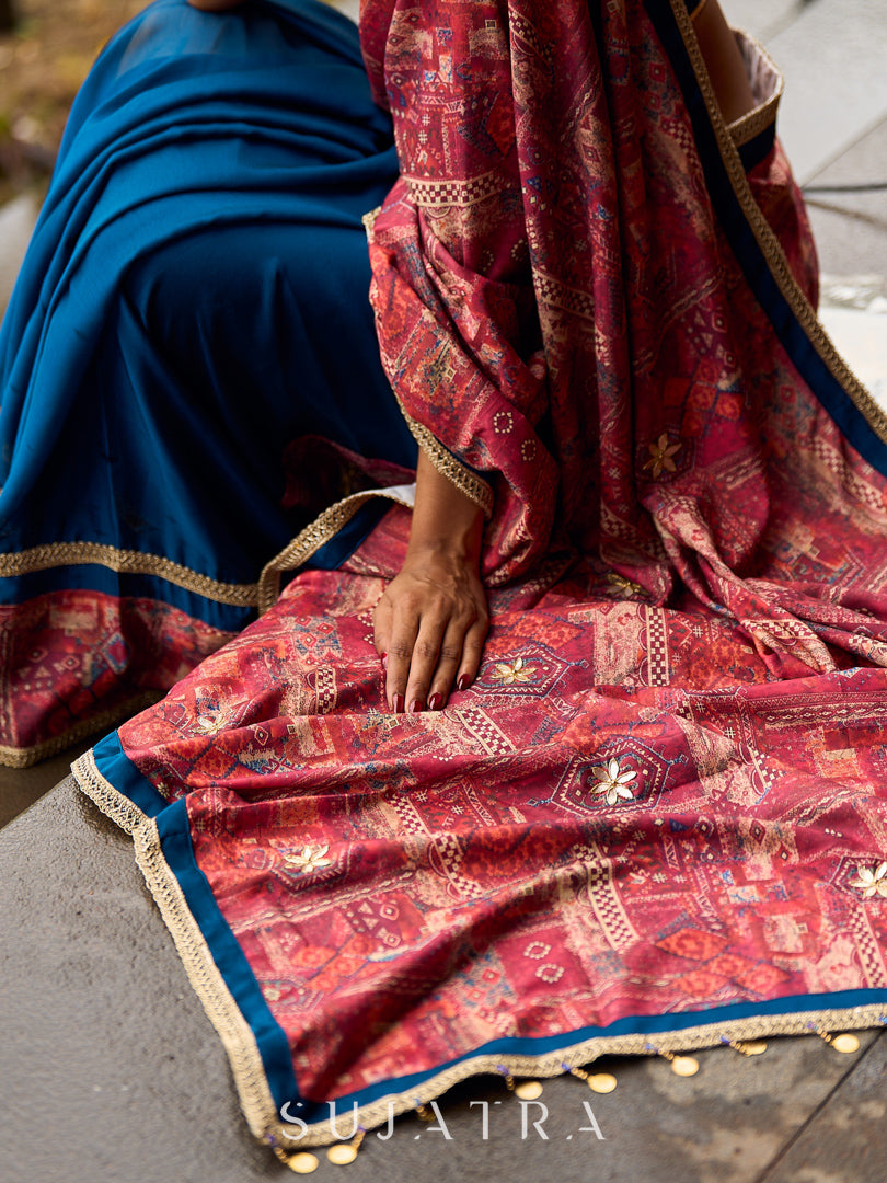Elegant Navy Blue & Rust Half-and-Half Georgette Saree with Gotapatti Hand Embroidered Pallu