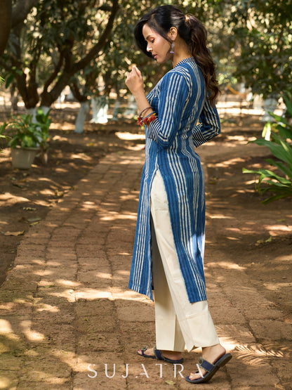 Classic Indigo Striped Kurta with Intricate Mirror Accents