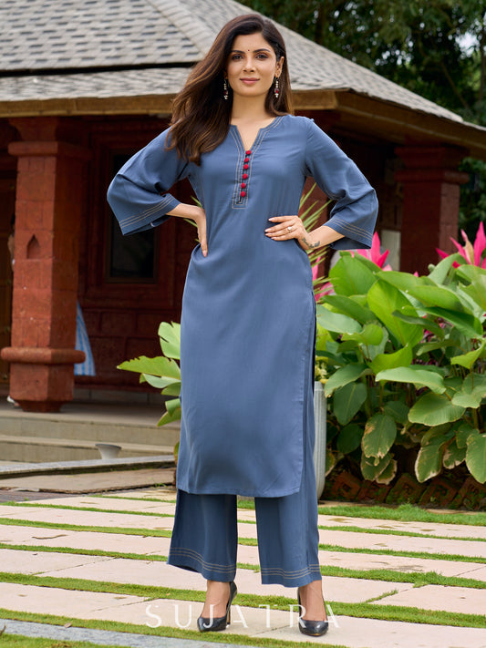 Smart Dark Grey rayon kurta elevated with subtle and stylish stitch detailing - palazzo optional