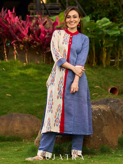 Contemporary Cream and Blue Ikat Half-and-Half Kurta