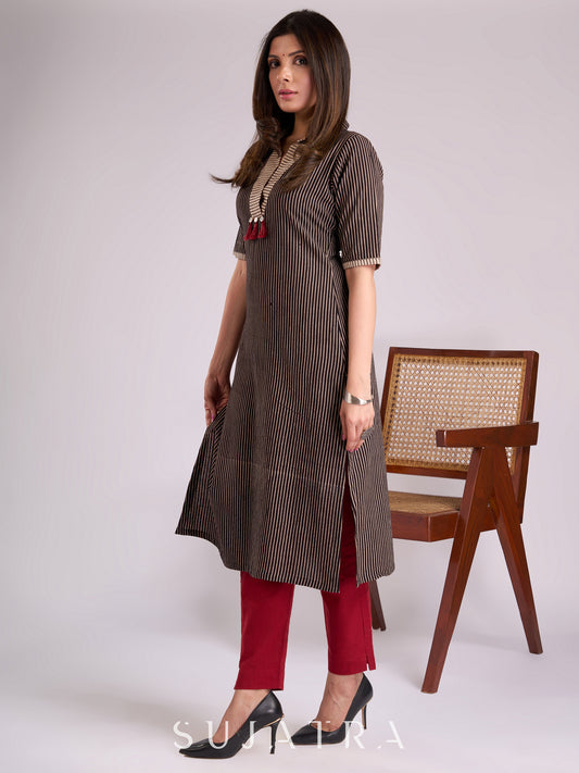 Chic Black & Ecru Striped Cotton Ajrakh Kurta with Elegant Tassel Detailing