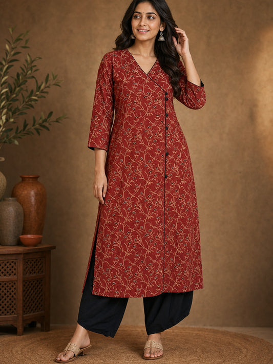 Deep Maroon Floral Cotton Kurta with Statement Overlap Front Design