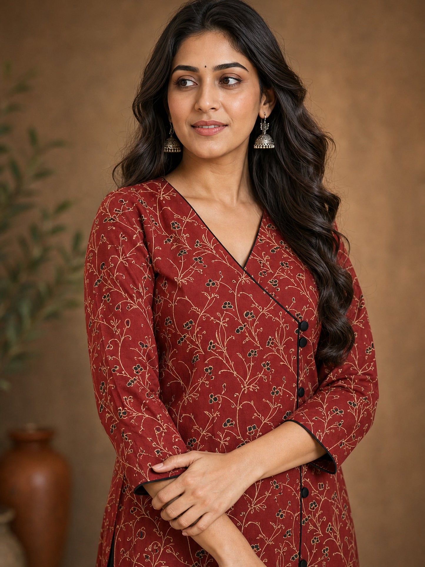 Deep Maroon Floral Cotton Kurta with Statement Overlap Front Design