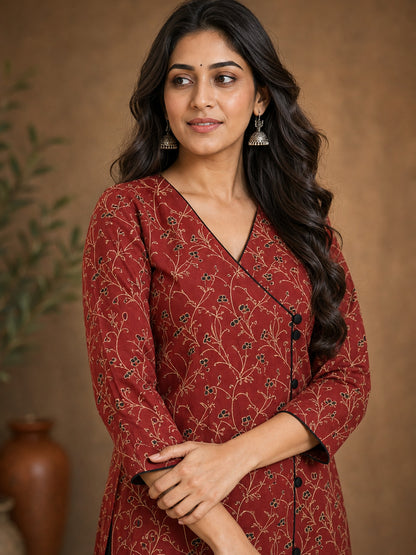 Deep Maroon Floral Cotton Kurta with Statement Overlap Front Design