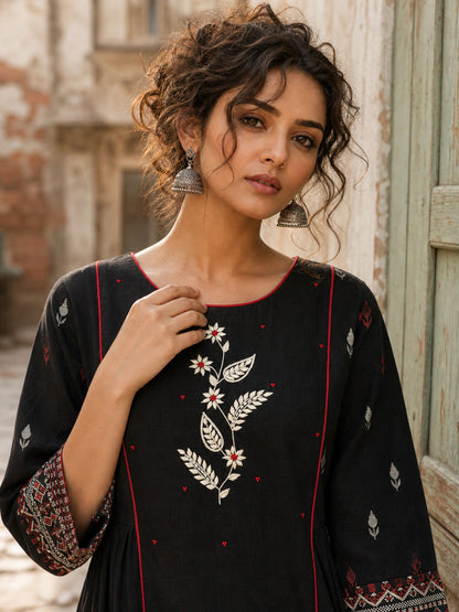 Soulful Black A-Line Cotton Kurta with Handcrafted Embroidery & Red Piping