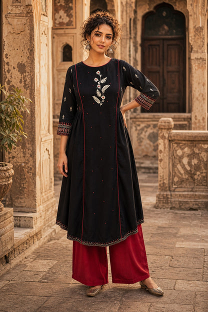 Soulful Black A-Line Cotton Kurta with Handcrafted Embroidery & Red Piping