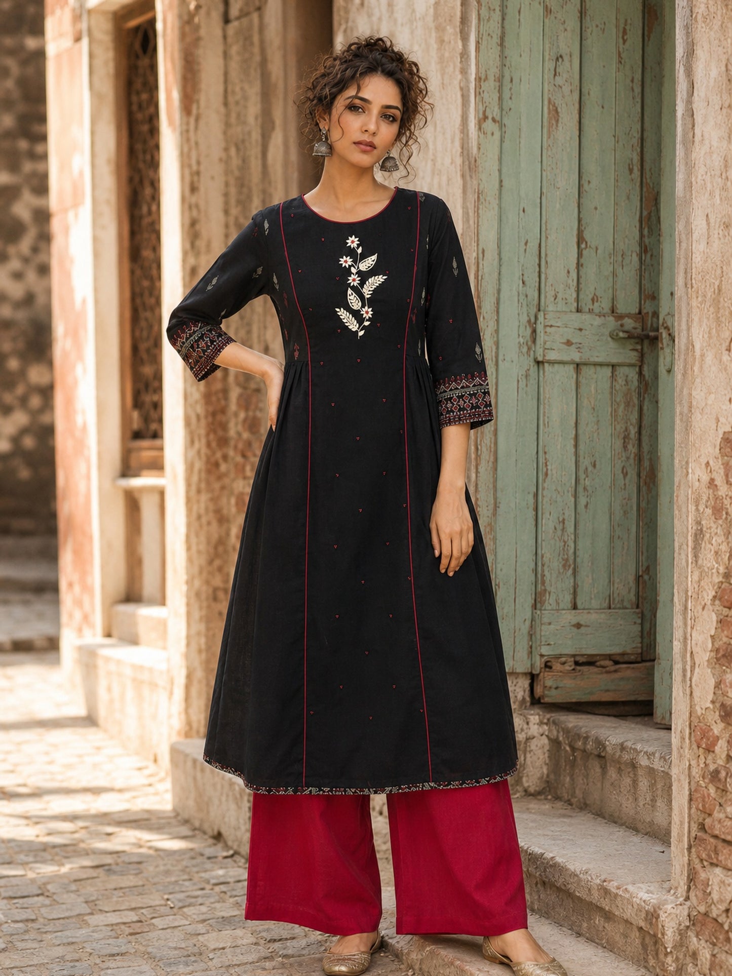 Soulful Black A-Line Cotton Kurta with Handcrafted Embroidery & Red Piping