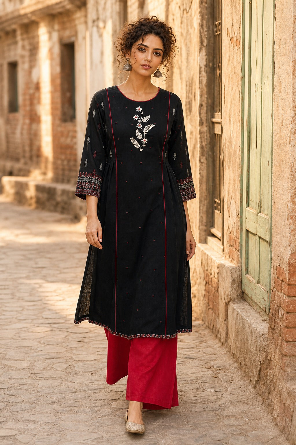 Soulful Black A-Line Cotton Kurta with Handcrafted Embroidery & Red Piping