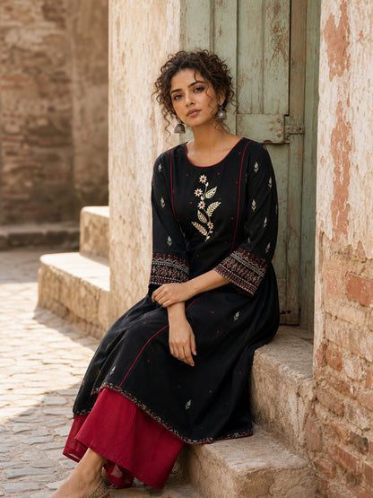 Soulful Black A-Line Cotton Kurta with Handcrafted Embroidery & Red Piping