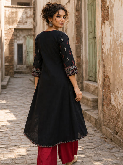 Soulful Black A-Line Cotton Kurta with Handcrafted Embroidery & Red Piping