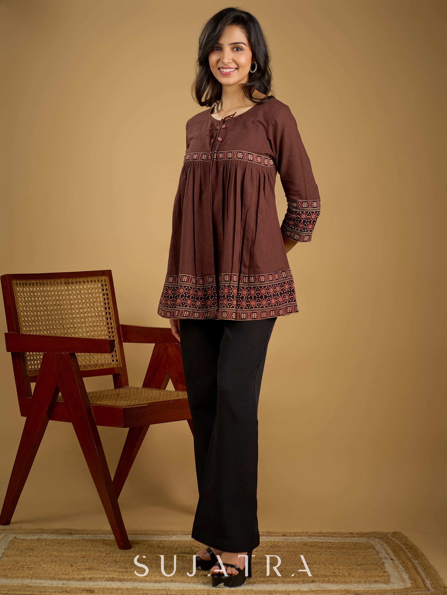 Beautiful  brown cotton ajrakh combination top