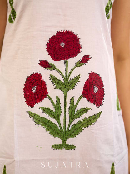 White sleeveless dress featuring red butta motifs and a gathered red panel at the hem, finished with coordinated red accents for a fresh, playful silhouette with a touch of traditional charm.