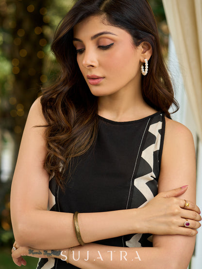 Bespoke Black Zigzag Panel Dress in Cotton Flex with Subtle Kantha Embroidery
