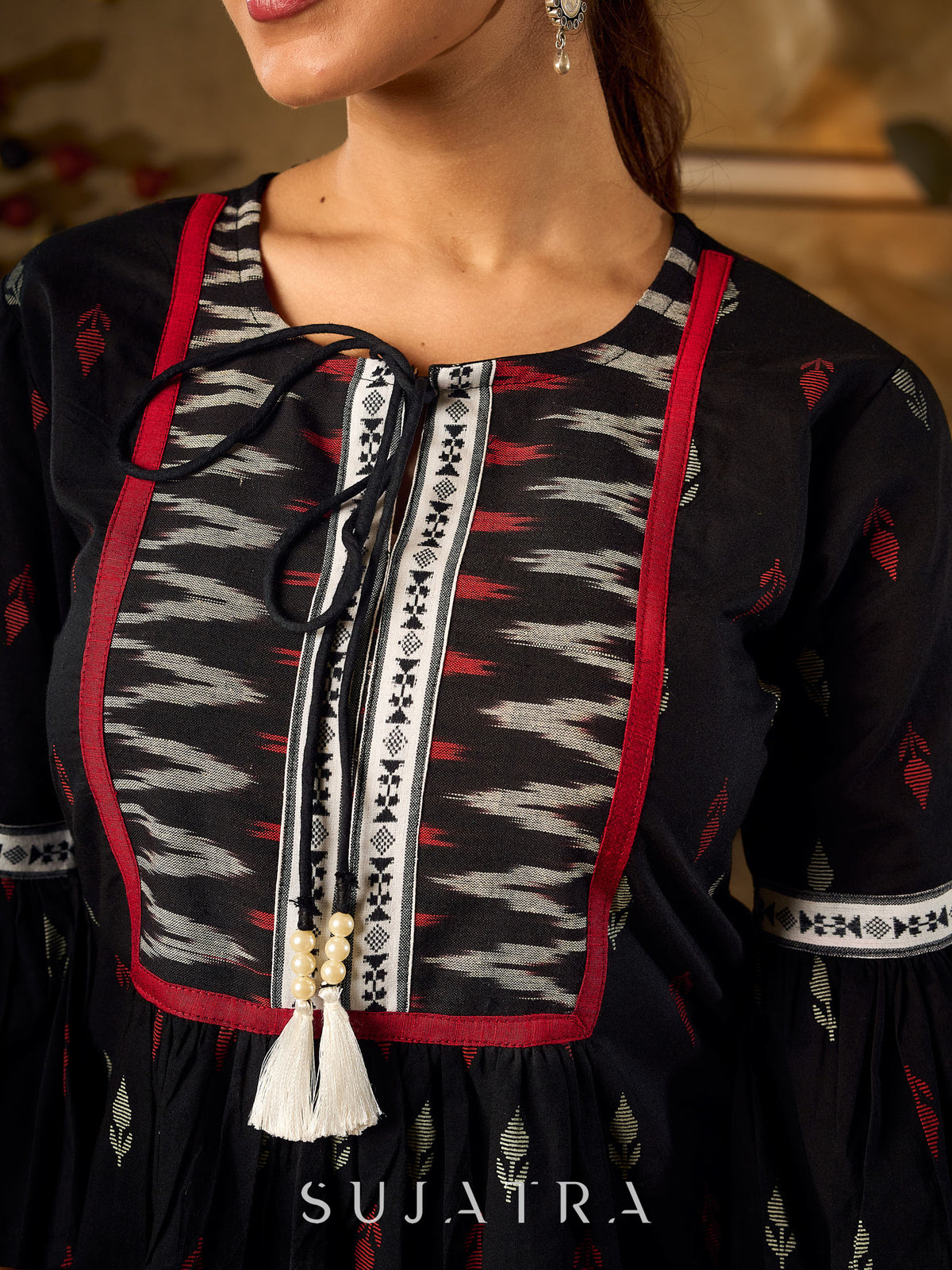 Contemporary Black Printed Cotton Top with Ikat Yoke and Flared Sleeves featuring Ikat Borders - Pant Optional