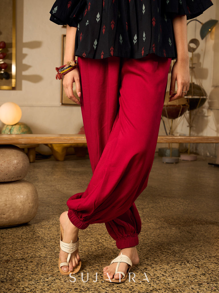 Contemporary Black Printed Cotton Top with Ikat Yoke and Flared Sleeves featuring Ikat Borders