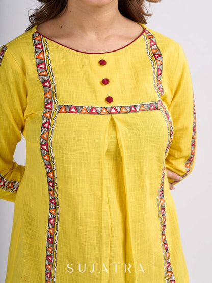 Sunshine Yellow Cotton Contemporary Top with Handcrafted Madhubani Border Highlights
