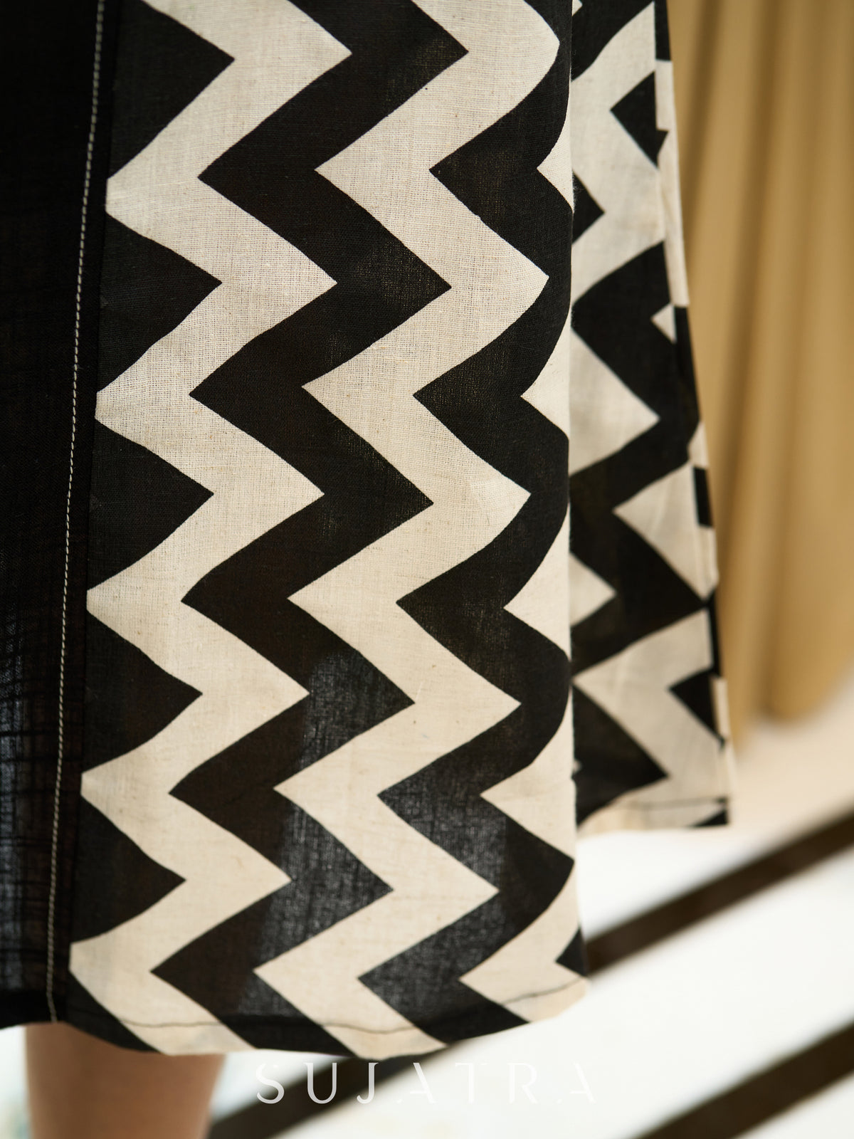 Dussehra Sale — Bespoke Black Zigzag Panel Dress in Cotton Flex with Subtle Kantha Embroidery