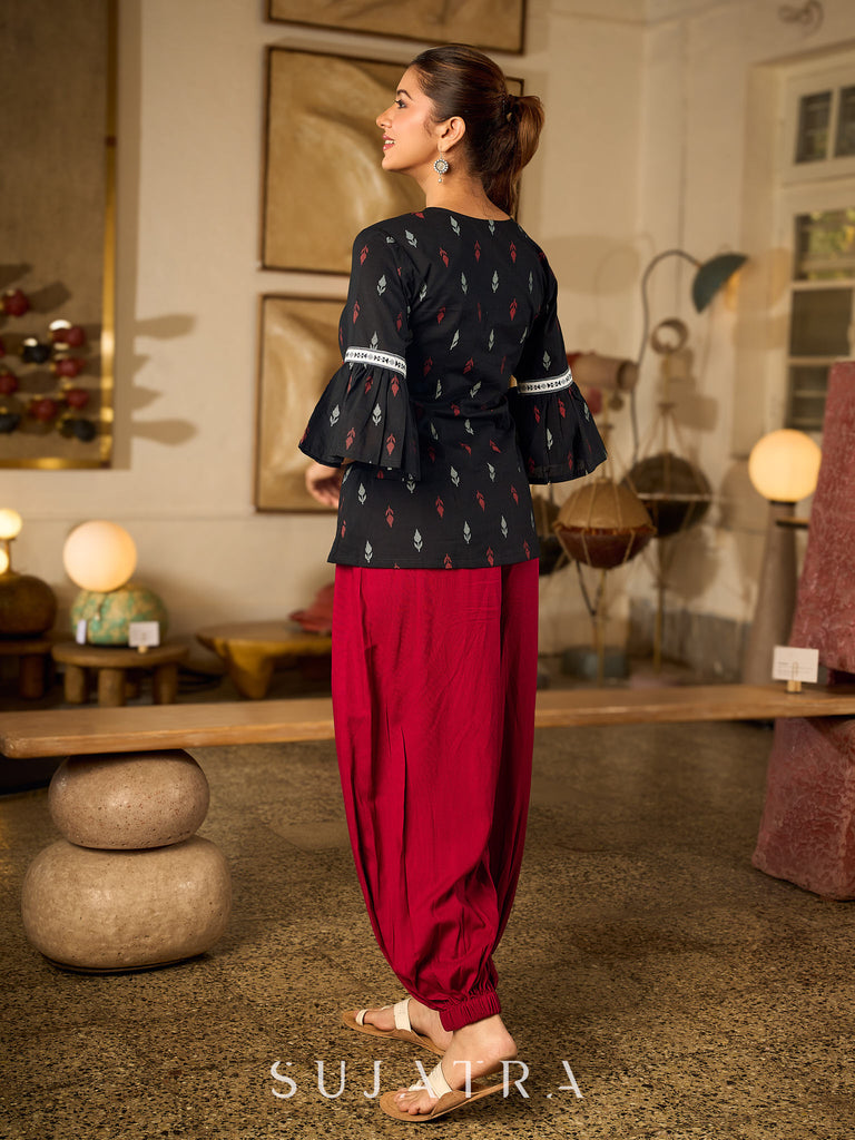Contemporary Black Printed Cotton Top with Ikat Yoke and Flared Sleeves featuring Ikat Borders