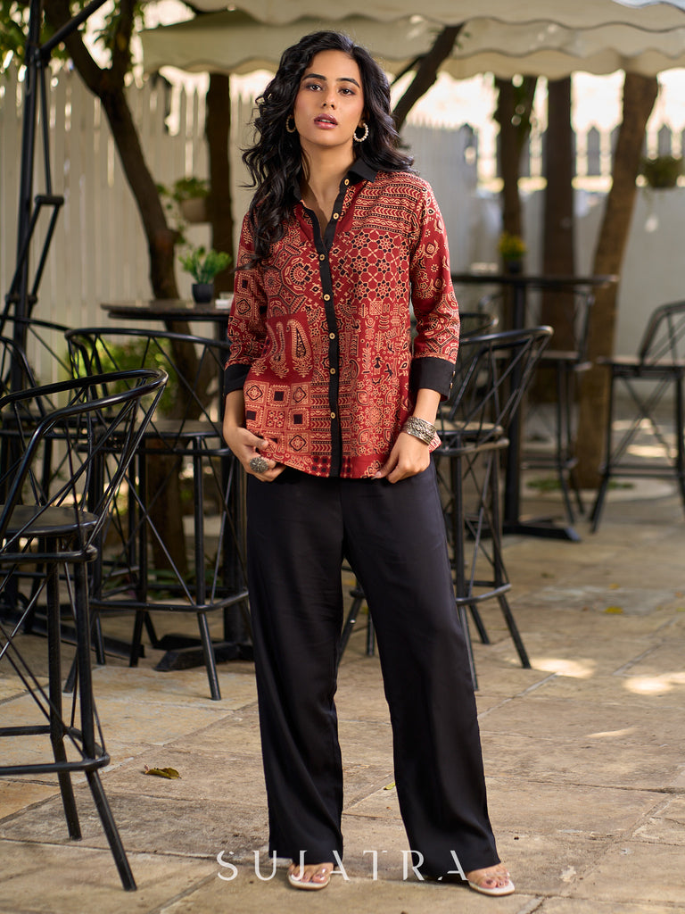Artisan Maroon Ajrakh Patchwork Printed Cotton Shirt with Contrast Collar & Cuffs
